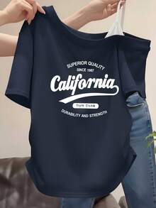 白色不對稱單肩方領 California 字母印花短袖女款夏季修身顯身材性感風上衣 美式復古休閒 - 藏青色 - 查看 1