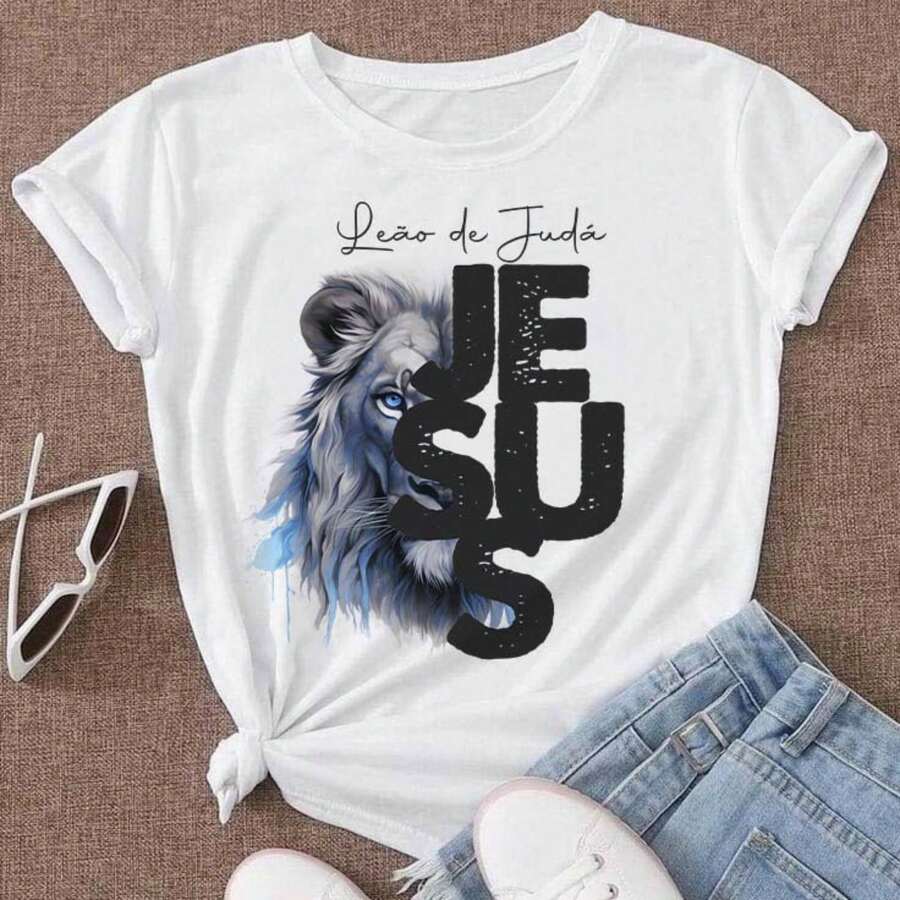 Unisex Short Sleeve Blouse, Plus Size, Neutral, 100% Cotton, Lion Print, Casual, Round Neck, Available In Brazil, 24h Shipping, Colors: Black And White - J2E - 查看 1