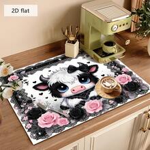 1pc Cutlery Drying Mat, Coffee Machine Pad, Big-Eyed Cute Cow & Lace Rose Pattern, High Absorbent Draining Mat For Dining Table, Coffee Bar, Kitchen Counter, Multipurpose Drainage Pad, Home Gift, Tabletop Decor - XYLSD-444 - View 4
