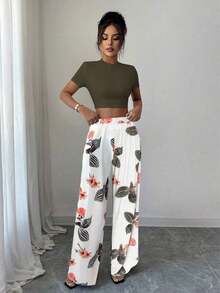 Conjunto de Top corto con estampado floral y pantalones largos con estampado de plantas para mujeres, para primavera/verano - Blanco - Ver 9