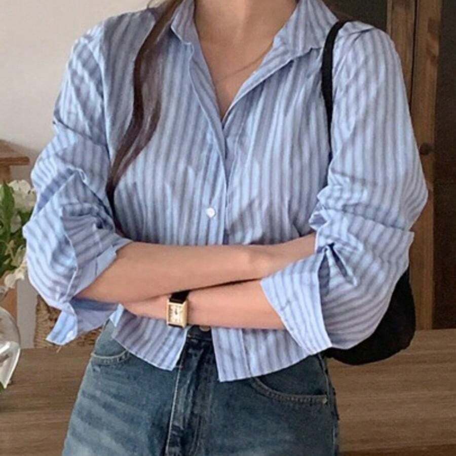 Women's fashion  Camisa de manga larga a rayas ajustada para mujer, azul, ropa de mujer para primavera/otoño, tops cortos para mujer - Azul - Ver 1