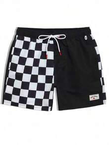 Palasendo Men's Letter & Checkerboard Print Drawstring Waist Beach Shorts Black And White Shorts Men Black And White Swim Trunks Checkered Shorts - 藏蓝色 - 查看 11