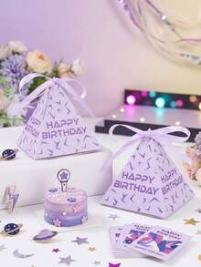 12個紫色K-POP閃電三角形禮物盒，「Happy Birthday」印花，紫色與K-POP主題，1歲生日派對伴手禮，嬰兒洗禮裝飾，多用途包裝盒，性別揭曉派對用品，男孩女孩派對裝飾，紫色K-POP閃電裝飾，禮物包裝袋，居家裝飾，桌面裝飾 - 紫色閃電 - 查看 5