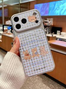 1pc Cute 3 Teddy Bears Print Magnetic Stand Phone Case, Anti-Drop Protective Cover, With Magnetic Stand For Convenient Viewing, Video Calls And More, Soft Girly Style, Perfect Gift For Girls And Students On Birthdays / Daily Occasions, Compatible With IPhone Cases & Galaxy Cases - Silver - View 4