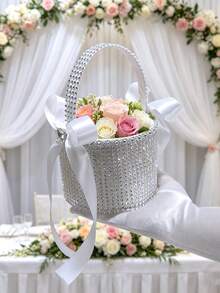 1pc Elegant Rhinestone Bow Flower Girl Basket, Small Handheld Flower Basket Suitable For Wedding Bridesmaid Children - White - View 3