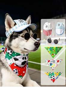 World Cup Soccer Pet Hat & Bandana Set For Cats & Small Dogs. Adjustable Cotton Sun Hat With Soccer Embroidery & Striped Brim + Soft Triangle Scarf With Star Player Print, Breathable, Comfortable Chin Strap, Ideal For Sports Events, Photo Shoots & Outdoor Activities, Fits Kittens, Puppies & Small Pets - Multicolor - View 2
