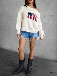 Women American Flag Off Shoulder Knit Sweater, Oversized Star Stripe Long Sleeve Loose Pullover, Patriotic Jumper For 4th Of July Daily Casual Wear - 白色 - 查看 3