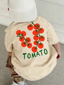 Unisex Baby Tomato Slogan Print Back Graphic T-Shirt, Loose Fit Soft Knit Summer Short Sleeve Top, Suitable For Little Boys - Apricot - View 7