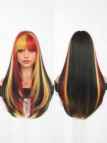 7JHH WIGS 女用黑紅金配色 26 吋長直分層假髮，附瀏海，耐熱纖維，萬聖節彩色造型假髮，適合節慶穿著、派對 Cosplay 使用 - 彩色 - 查看 5