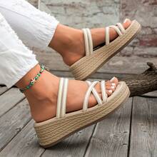 2026 Summer New Rhinestone Criss-Cross Strap Platform Wedge Sandals, Open Toe High Heels, Goddess Style Beach Vacation Daily Versatile Roman Shoes - Beige - View 3