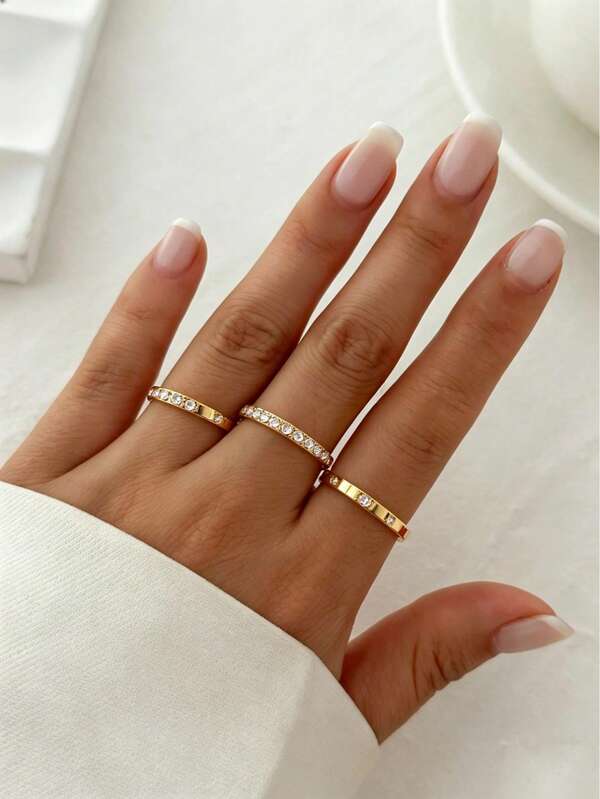 3pcs Fashion Minimalist Personalized 304 Stainless Steel Inlaid Four-Leaf Clover Ring Set Suitable For Women's Daily And Vacation Wear