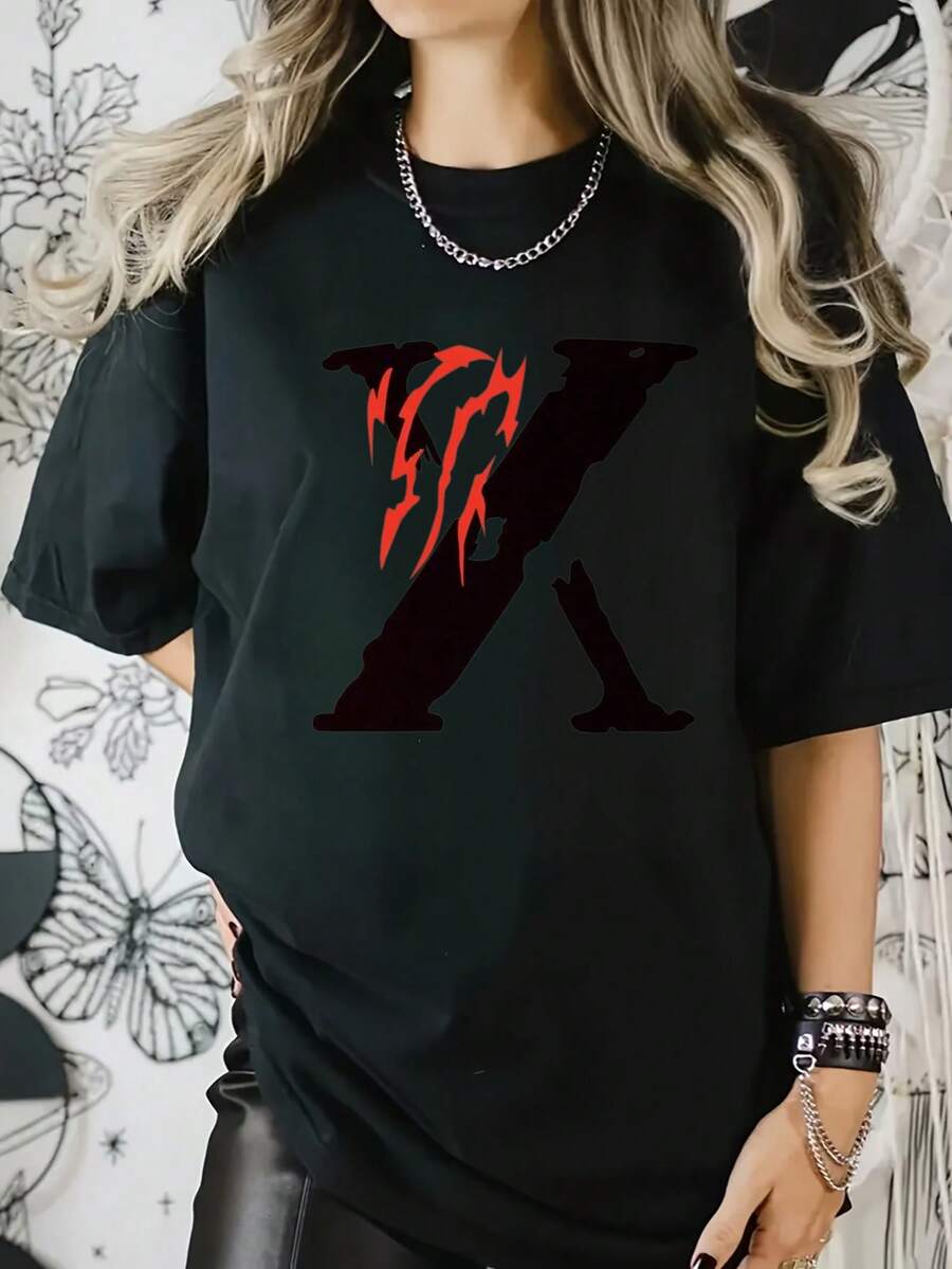 Red Flame Design And Print X Digital Print Short Sleeve Unisex Pure Cotton Loose And Comfortable - Black - View 1