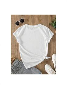YOCASA Women's Casual Summer T-Shirt, Round Neck, Fitted, Short Sleeve, With Oil Paint, Floral, Heart, Cherry, And Letter Prints. Simple, Casual Fabric, Sporty Style, Ideal For Everyday Wear And A Valentine's Day Date. - 白色 - 查看 4