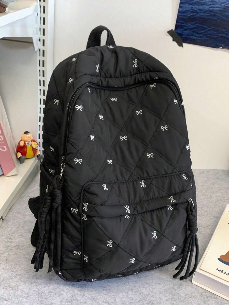 Coquette Bow Embroidery School Backpack For Girls | Black Quilted Nylon Daypack With Tassel Zipper Pulls | Adjustable Straps Multi-Pocket,Y2k - Multicolor - View 1