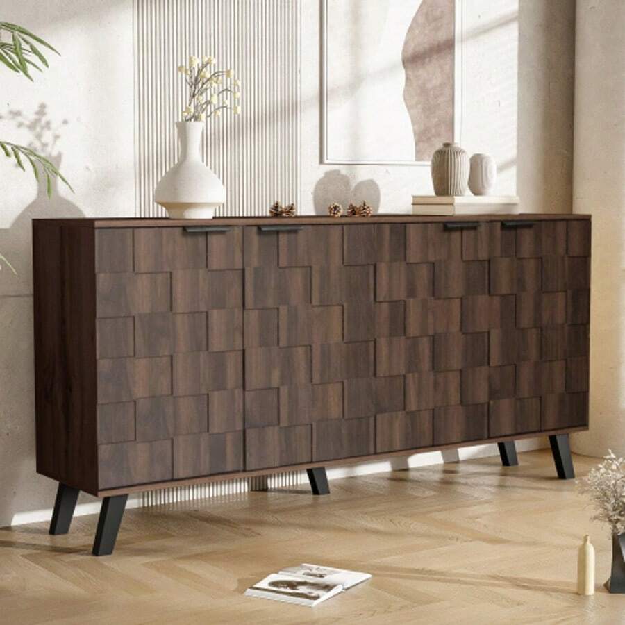 Modern Four-Door Sideboard, 150*35*78cm Storage Cabinet With PVC Handles & Legs, Practical Multipurpose Furniture For Living Bedroom Dining Room