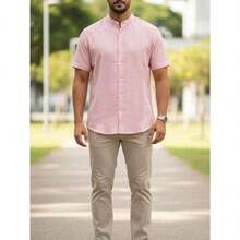 Men's Henley Collar Shirt - Classic And Timeless - 粉色 - 查看 1
