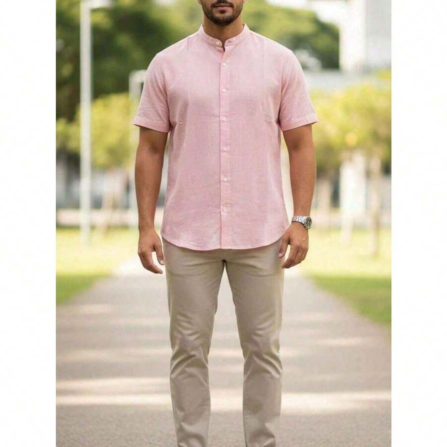 Men's Henley Collar Shirt - Classic And Timeless - 粉色 - 查看 1