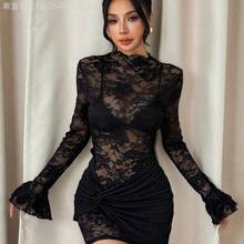 MewMuse. PETITE Vestido mini de encaje transparente y sexy color borgoña, adecuado para citas diarias, salidas nocturnas, discotecas, fiestas, reuniones, fiestas de cóctel, fiestas de piscina, otoño/invierno - Marrón Chocolate - Ver 2