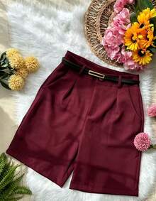 Bermuda Alfaiataria Short Femenina Com Cinto com zipel com bolsa - Vinho - Visão 1