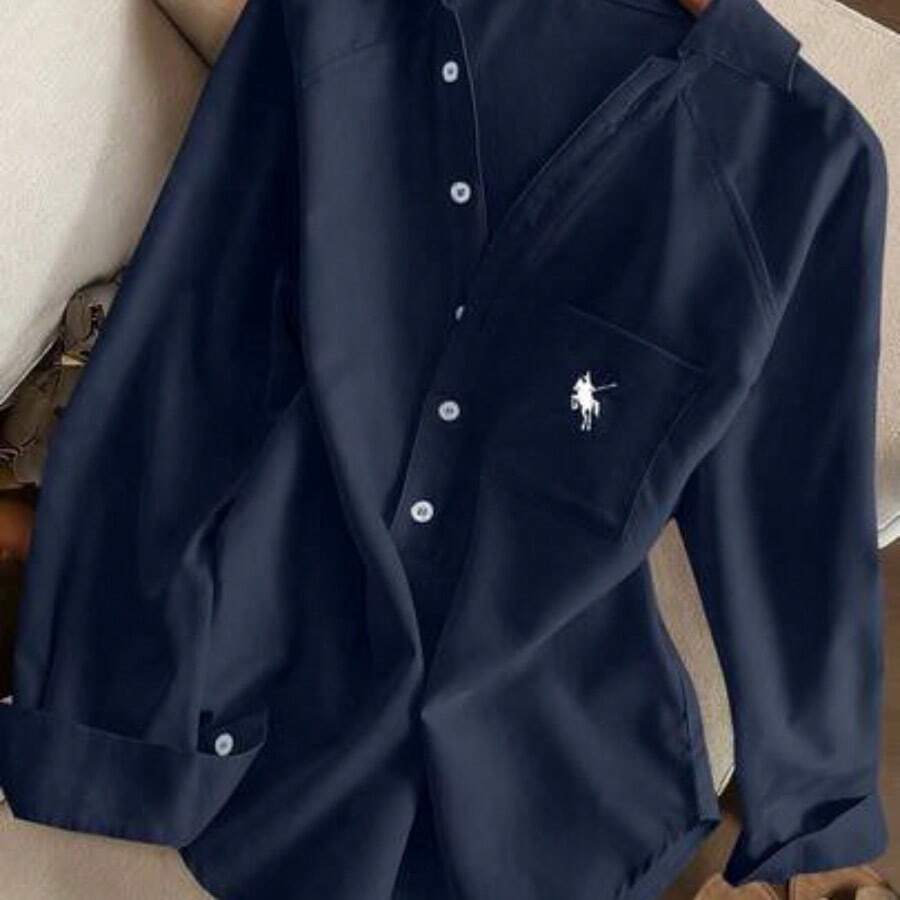 Women's fashion Camisa de manga larga con cuello en V bordada, de ajuste relajado y unicolor, para mujer - Azul marino - Ver 1