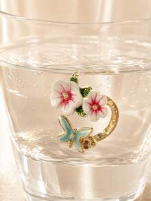 1PC Sweet Fairy Niche Design Copper Enamel Flower & Butterfly Design Ring For Women Daily Wear & Gift - Multicolor - View 2