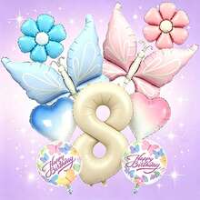 Conjunto de globos con temática de mariposas soñadoras, incluye globos con números en blanco lechoso, globos de mariposas en degradado rosa y azul, globos de margaritas, globos de corazones en degradado, adecuado como regalo sorpresa para niños y niñas, fiesta de cumpleaños con tema de hadas, reunión lúdica entre padres e hijos, decoración de habitación femenina, celebración o fiesta del centésimo día del bebé, creando una atmósfera de fiesta inspirada en cuentos de hadas, alegre, suave y enérgica - Ver 11