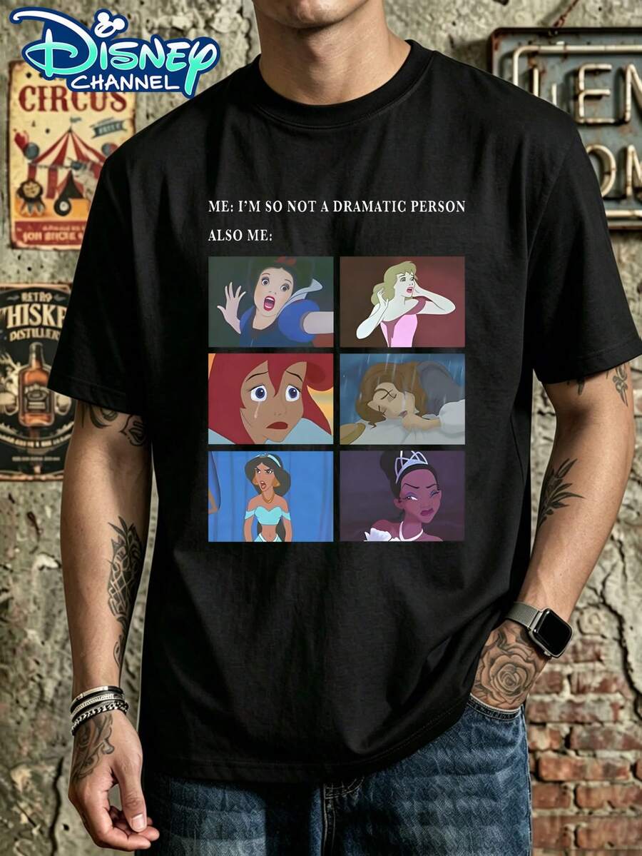 T-shirt imprimé Disney à col rond avec motif palazzo et carreaux de princesses, Blanche-Neige, Ariel et Jasmine, collection princesses, imprimé dessin animé, haut d'été à manches courtes pour homme, t-shirt à manches courtes 100 % coton de haute qualité, coupe décontractée et respirante, unisexe, indispensable pour les fans de Disney, idéal pour voyager à Disneyland, pour les couples, au quotidien, en ville, en vacances ou à la fac. - Noir - Voir 1