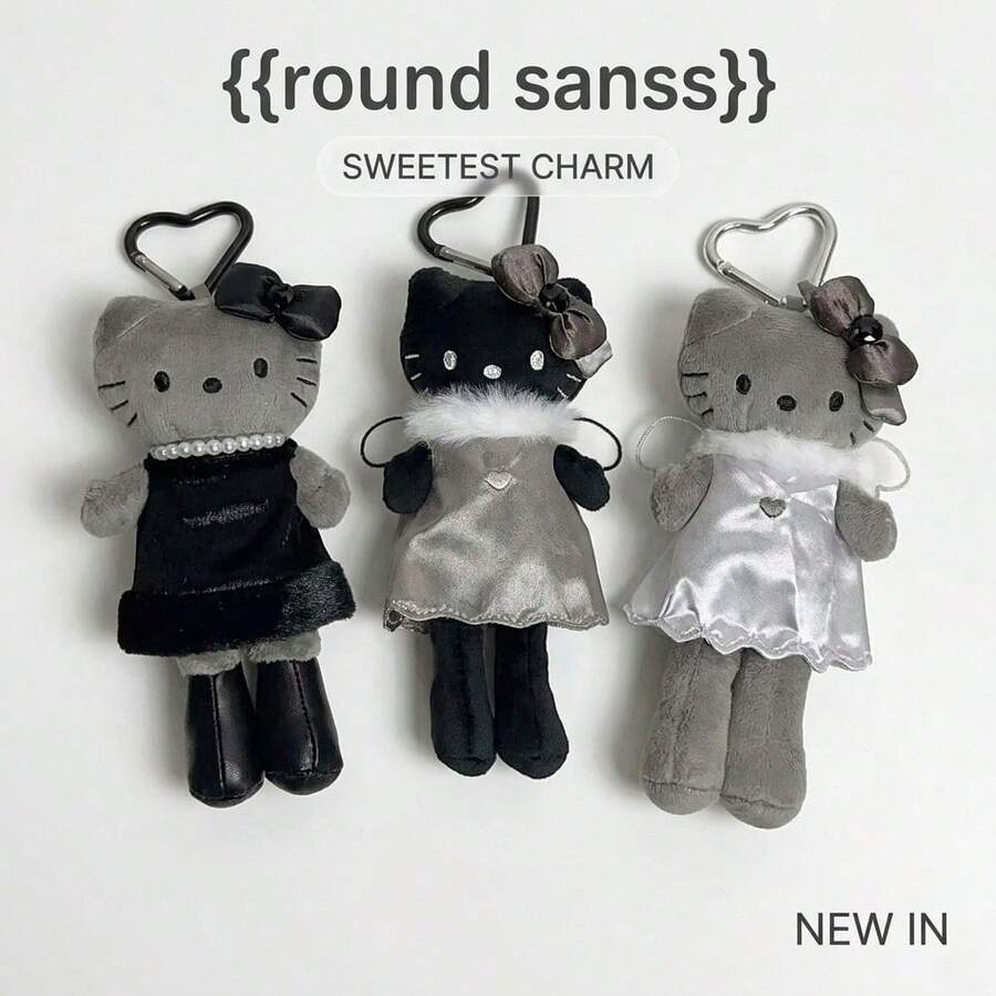 1個 Hello Kitty 可愛長腿黑灰色天使惡魔長腿貓咪銀色絨毛娃娃包飾包飾配件禮物