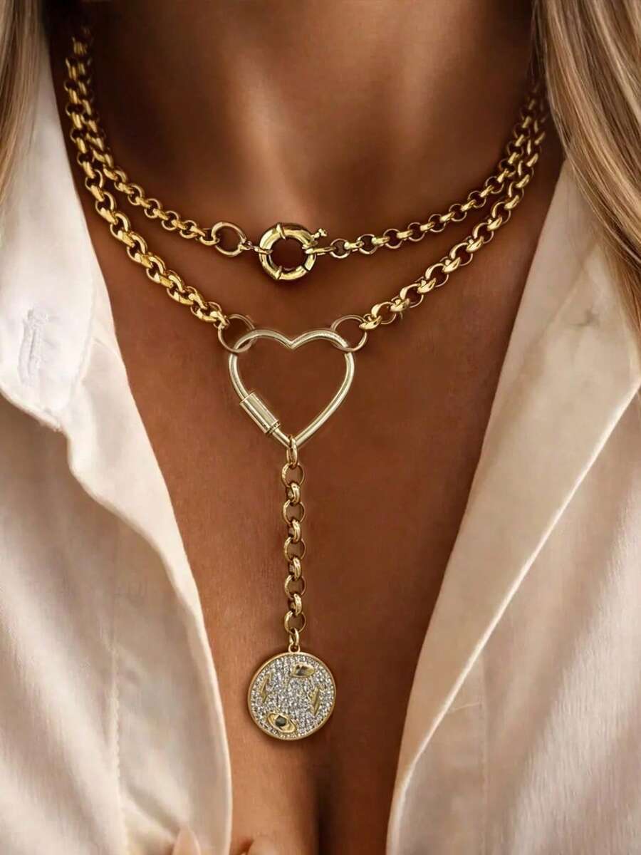 1pc Gold Heart Necklace With Full Rhinestone Round Pendant And Stainless Steel Chain, Elegant Holiday Party Gift For Women - Yellow Gold - View 1