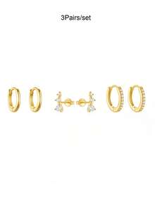 3Pairs Earrings Set For Women Gold Plated Zirconia Stud Hoop Earrings Stack Women Daily Jewelry Accessories - 3Pairs/set - View 4