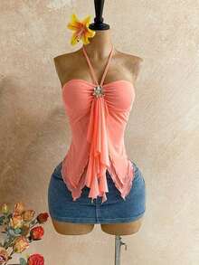 Top de tirantes asimétrico con decoración de conchas marinas para mujer, adecuado para vacaciones en la playa, verano GZJK - Rosa coral - Ver 7