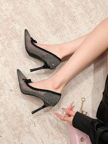 Xin Jing Shoes 女士高跟鞋,新款时尚百搭蝴蝶结水钻网面婚宴鞋,优雅日常通勤网面透气细高跟鞋 - 黑色 - 查看 3