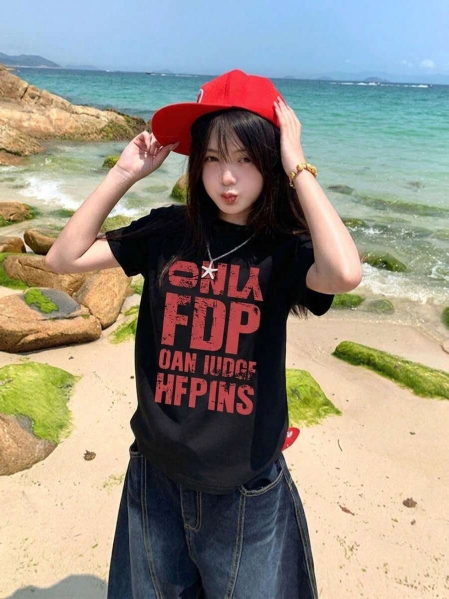 新款夏季 Z-Gen Y2K 風格女款趣味圖案紅色英文印花圓領短袖 T 恤 休閒黑色 - 黑色 - 查看 1