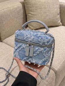 1 buah Tas Tangan Mini Wanita, Tas Selempang Fashion Warna Polos Bordir Bentuk Belah Ketupat, Cocok untuk Menyimpan Kartu dan Kunci - Baby Blue - View 4