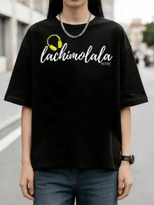 BTSs Jimin Lachimolala Headphone Cursive Minimal Graphic Cotton Summer T-Shirt - 黑色 - 查看 1