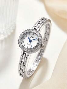 1pc Fashion Women's Alloy Bracelet Watch, Elegant Vintage, Round Dial With Numbers & Rhinestone Bezel, Suitable For Multiple Occasions, Ideal Holiday Gift - Silver - View 1