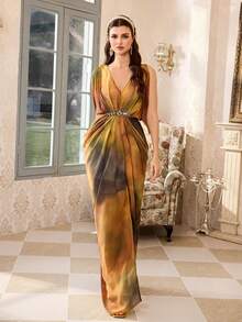 Elegant Women's Long Formal Dress, Deep V-Neck, Woven Fabric, Asymmetric Ruffle Design, Waist Rhinestone Detail, Open Back, Banquets Wedding Party - Multicolor - View 1