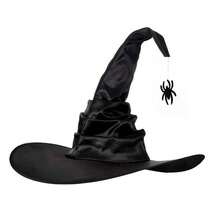 Black Tassel Witch Hat, Halloween Spider & Bat Decorated Wizard Hat, Wrinkled Horror Party Costume Accessory - Hat - View 10