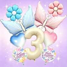 Conjunto de globos con temática de mariposas soñadoras, incluye globos con números en blanco lechoso, globos de mariposas en degradado rosa y azul, globos de margaritas, globos de corazones en degradado, adecuado como regalo sorpresa para niños y niñas, fiesta de cumpleaños con tema de hadas, reunión lúdica entre padres e hijos, decoración de habitación femenina, celebración o fiesta del centésimo día del bebé, creando una atmósfera de fiesta inspirada en cuentos de hadas, alegre, suave y enérgica - Ver 6