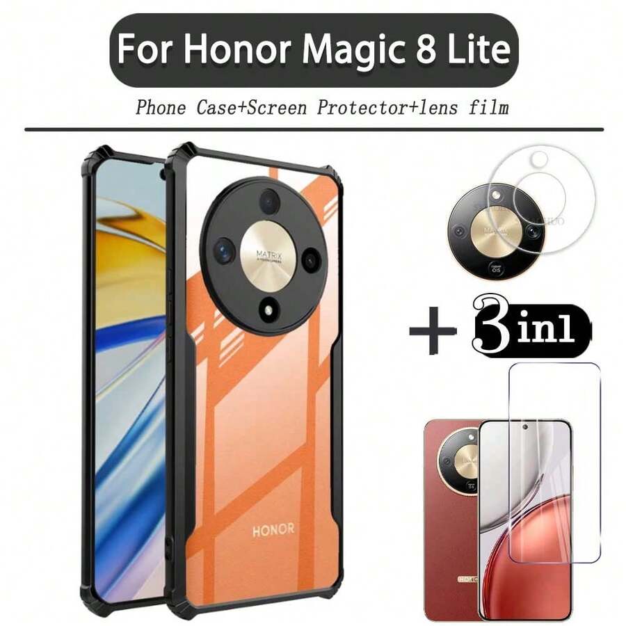 3in1 For Honor Magic 8 Lite Phone Case Shockproof For Honor Magic 8 Lite Phone Cover + Tempered Glass Protective Film+Lens Film - Black - View 1