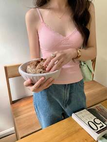 女款蕾絲V領性感吊帶內衣，露背加墊短版Bralette上衣，夏季粉色休閒款 - 粉色 - 查看 3