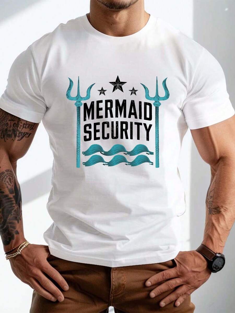 Camiseta de manga corta con cuello redondo para hombre, talla, con estampado de sirena, transpirable y casual, top de verano a. - Blanco - Ver 1