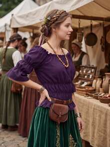 Women Off The Shoulder Tops Steampunk Pirate Shirt Renaissance Blouse Short Sleeve Shirts - 紫色 - 查看 2