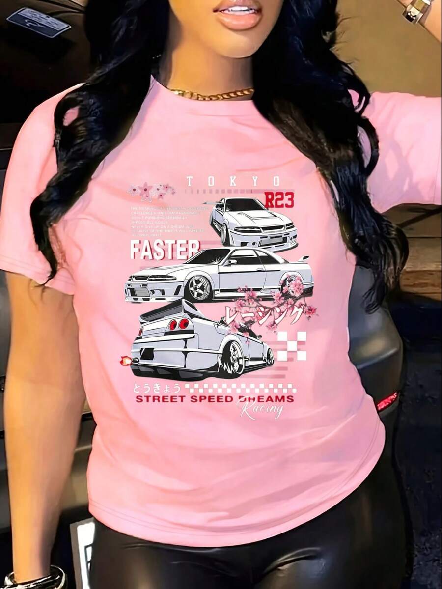 Tokyo Racing Cars Street Speed Digital Print Short Sleeve Unisex Pure Cotton Loose And Comfortable - 粉色 - 查看 1