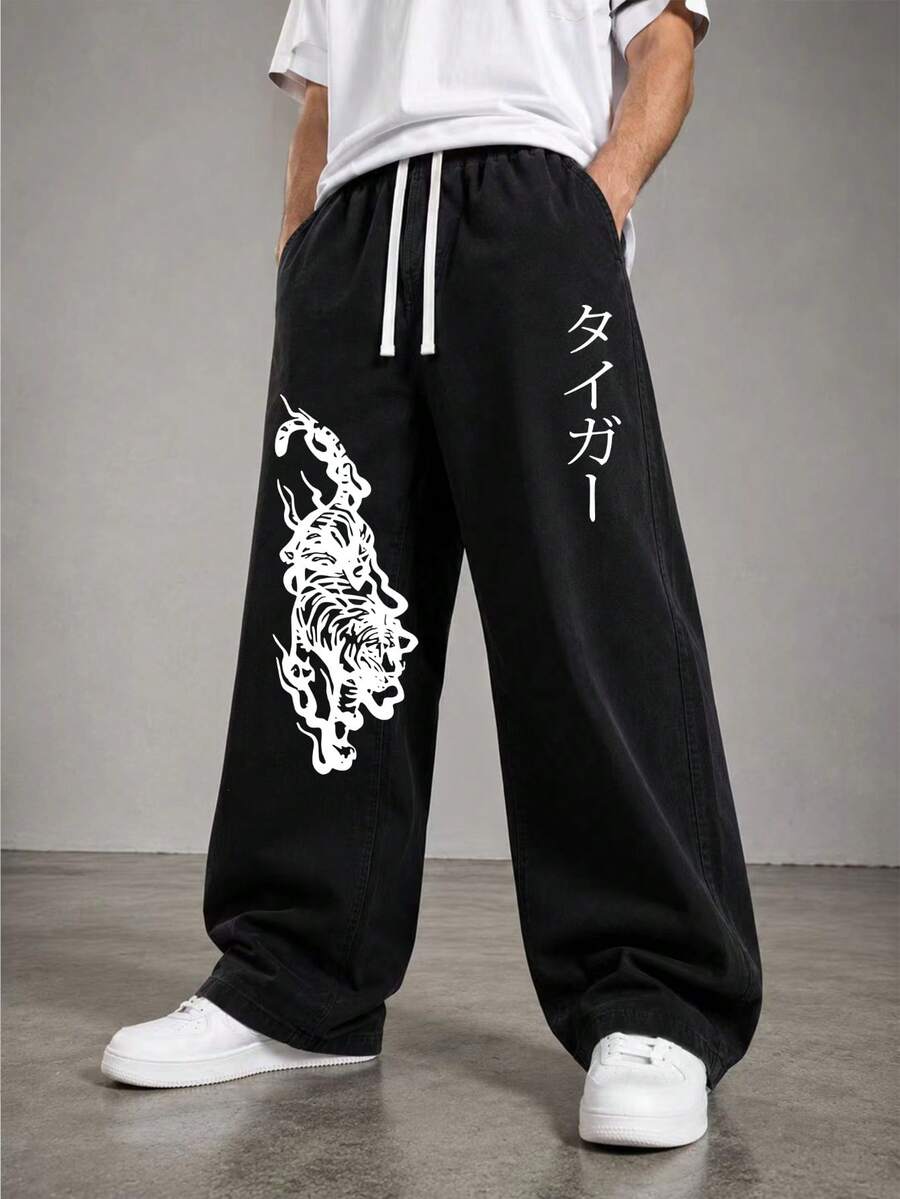 Men's Japanese Tiger Kanji Print Wide Leg Pants, Black Drawstring Waist Baggy Trousers, American High Street Y2K Streetwear Loose Fit Casual Pants, Perfect For Vacation & Daily Wear, Hip Hop Oversized Straight Leg Elastic Waist Casual Bottoms For Men - màu đen - Xem 1