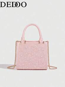 Dedoo Beige Mini Handbag With Embroidery Details And Faux Pearl Decor, Features Top Handle And Detachable Chain Shoulder Strap, Magnetic Snap Closure, Sweet Style Suitable For Shopping Or Formal Occasions. An Excellent Gift For Women. - Pink - View 1