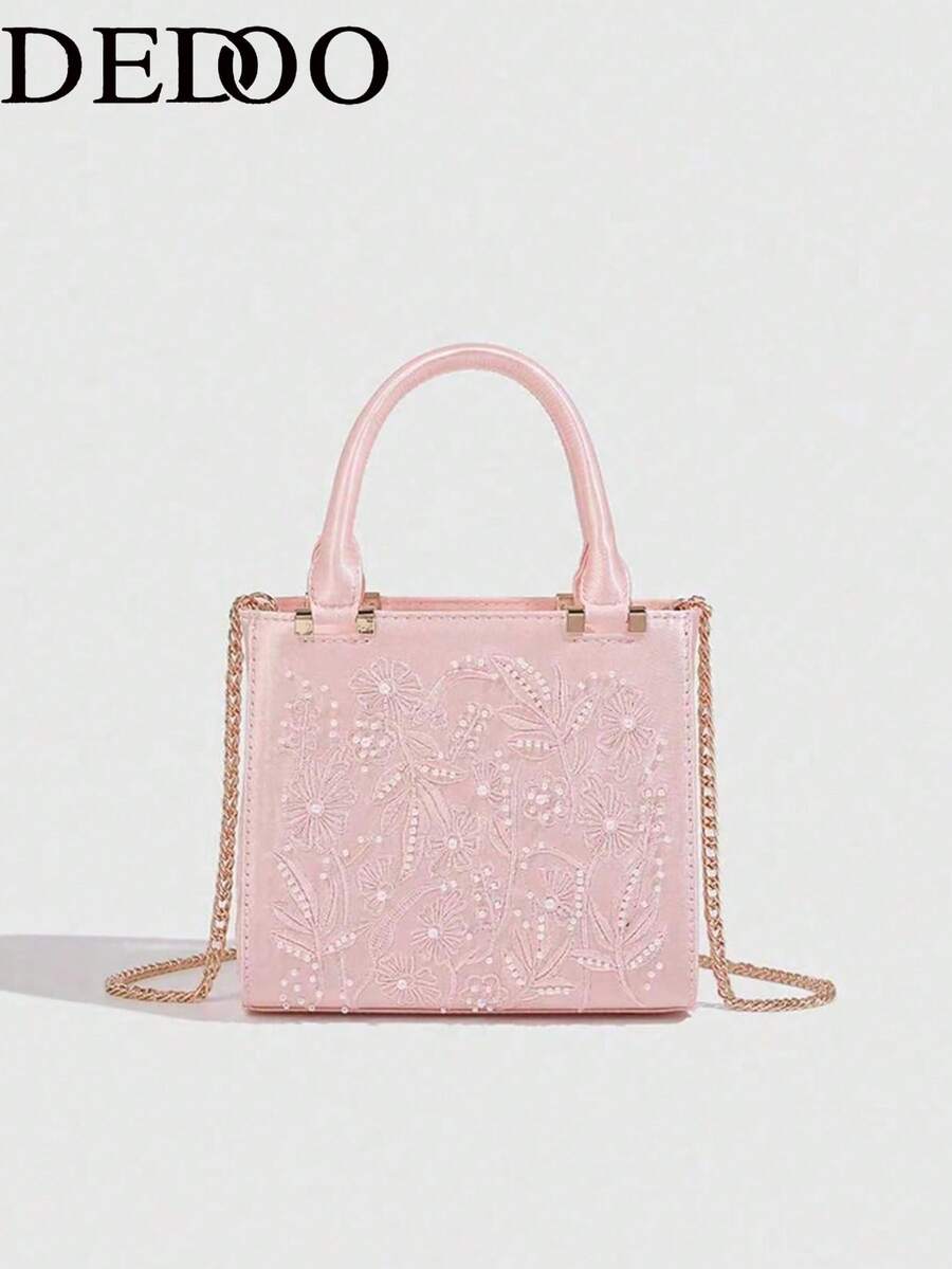 Dedoo Beige Mini Handbag With Embroidery Details And Faux Pearl Decor, Features Top Handle And Detachable Chain Shoulder Strap, Magnetic Snap Closure, Sweet Style Suitable For Shopping Or Formal Occasions. An Excellent Gift For Women. - Pink - View 1