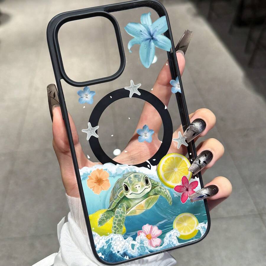 Funda para Teléfono: Funda Magnética para iPhone con Bonito Patrón de Tortuga Marina, Resistente a Golpes, Compatible con Carga Inalámbrica Magsafe, Carcasa Trasera Transparente, Diseño Moderno para Mujeres y Niñas - Negro - Ver 1