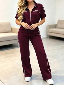 Set Busana Kasual Wanita Musim Semi/Gugur untuk Berpergian, Atasan Lengan Pendek dengan Resleting Warna Kontras Serbaguna dan Pinggang Tinggi Bergaris dengan Tali Serut, Longgar dan Elegan - Burgundy - View 4