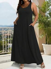 New Plus-Size Women's Solid Color Sleeveless Dress, Elegant Stylish Vest Dress - 黑色 - 查看 2